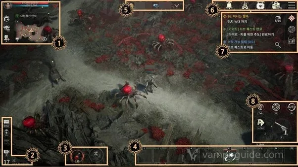 Korean VAMPIR in-game UI with numbered areas for map, quests, item slots and attack controls