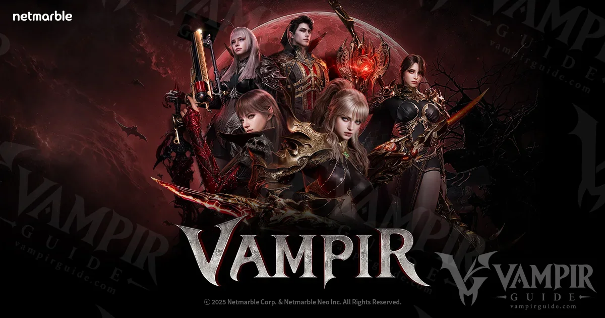 Official VAMPIR key art with the five classes and the game logo