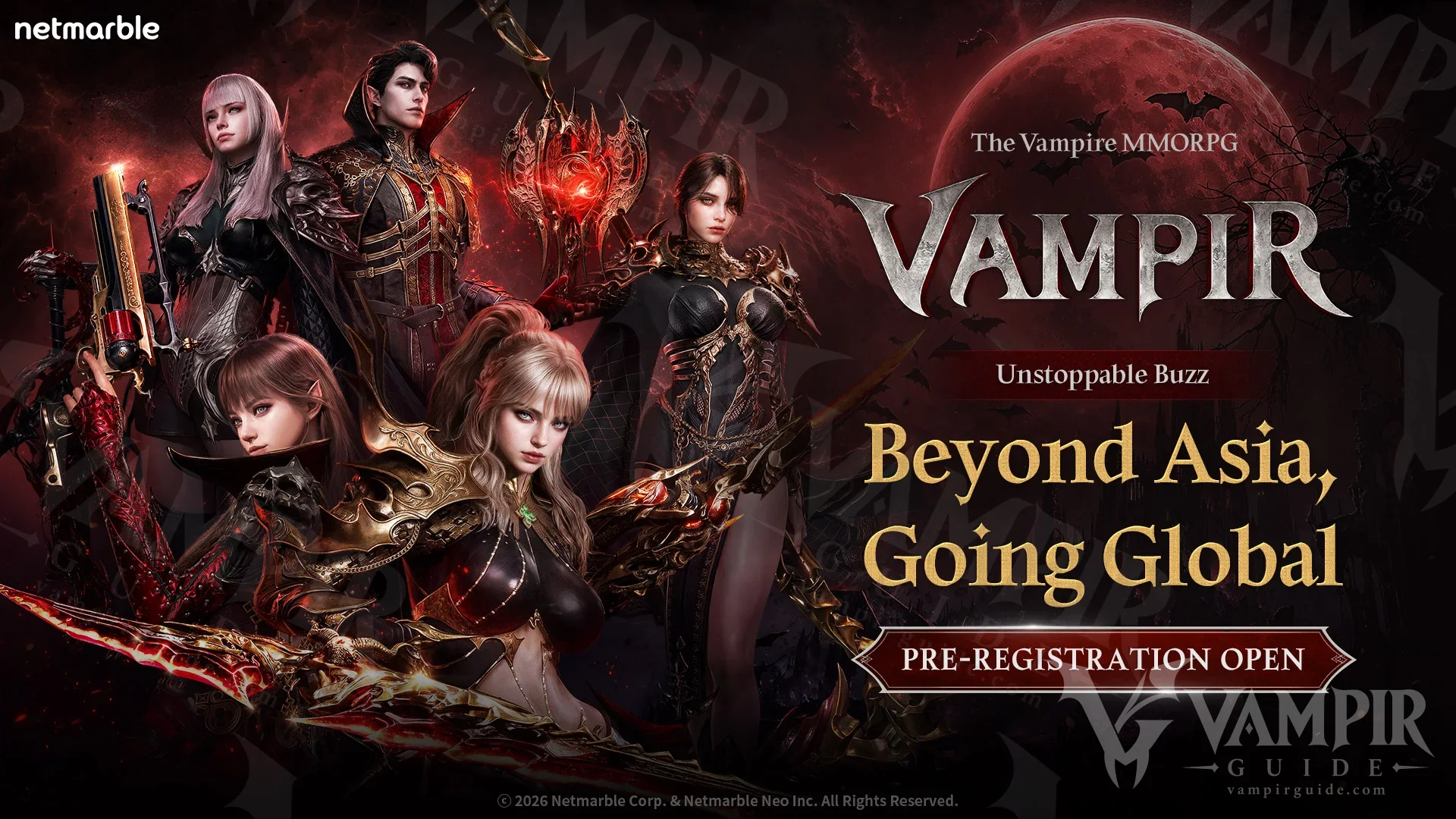Official VAMPIR global pre-registration artwork with the five classes under a red moon