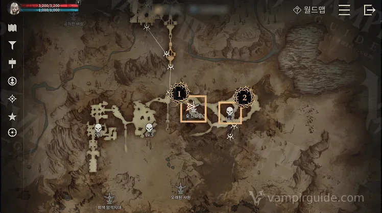 Korean world map with a Blood Gate and its linked hunting spots marked